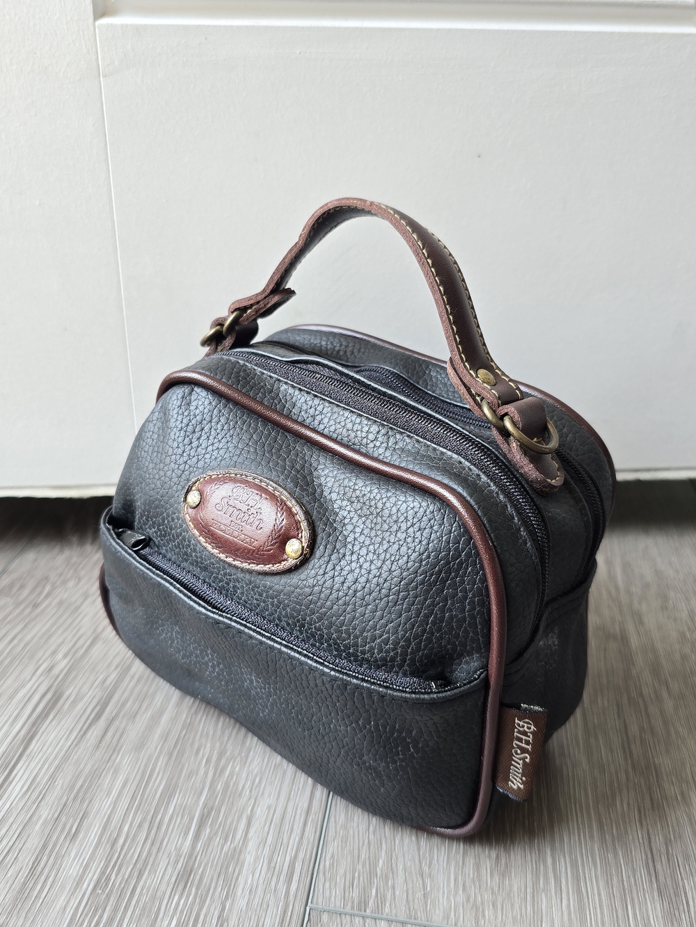 B.H. Smith Vintage Black Navy Pebbled Leather Top Handle Bag Brass Hardware Boho